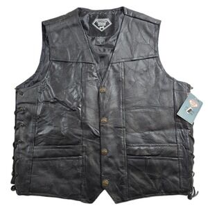 Diamond Plate Biker Vest Mens XL Black Leather Live To Ride Eagle Patch NEW